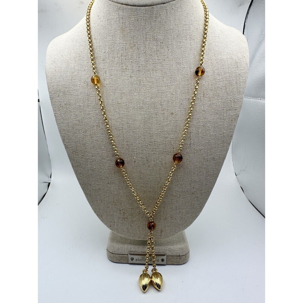 Vintage Unsigned Gold Tone Amber Color Bead Tassel Necklace 24”
